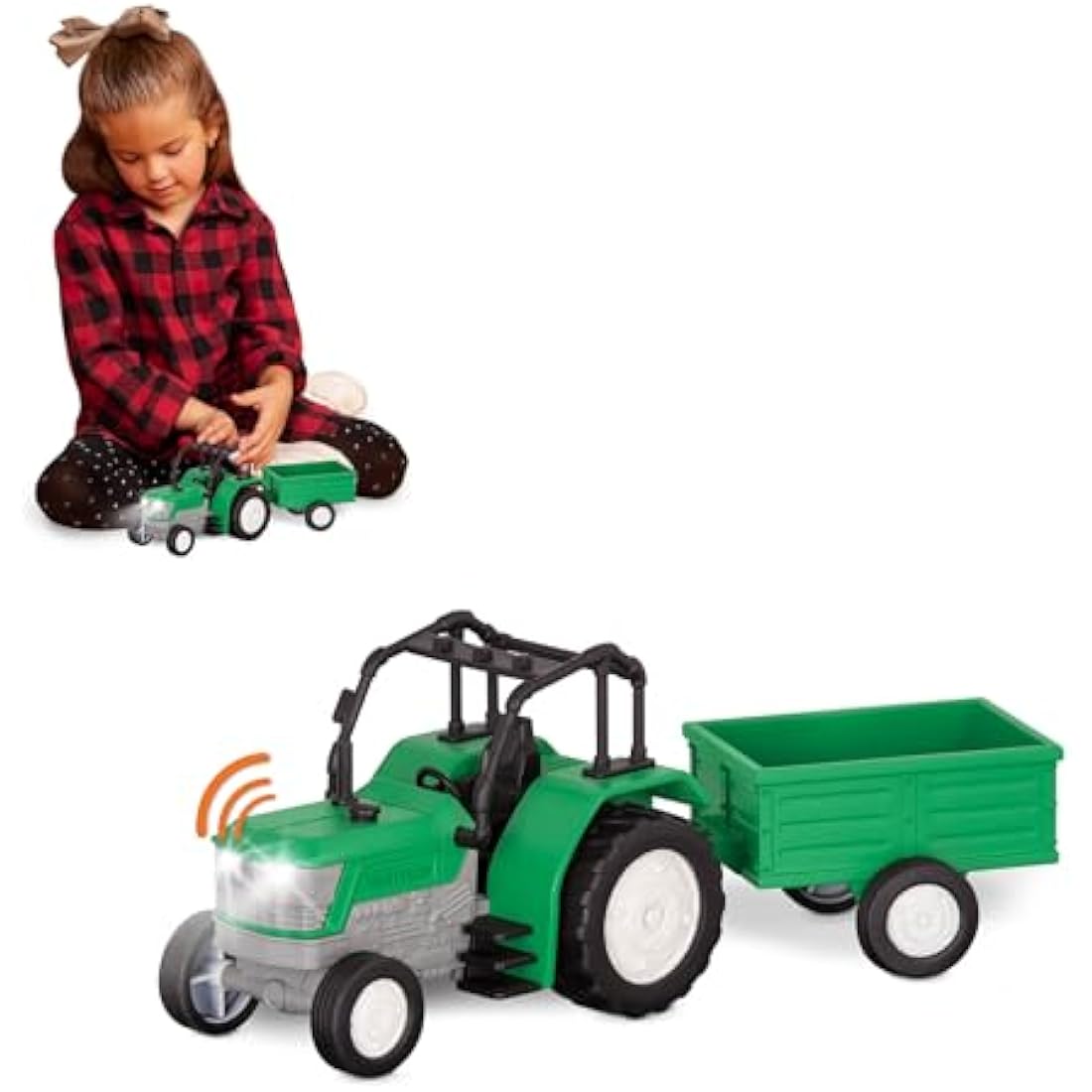 Driven - Micro Tractor - Green Toy Tractor with Light, Sound, & Detachable Trailer Farm Vehicle Toy for Kids 3+ (2 Pc)