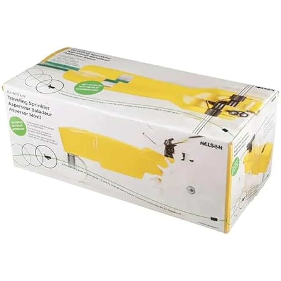 Nelson Rain Train Traveling Sprinkler for Yard, Heavy Duty Rotating Lawn Sprinkler with Large Area Coverage, Yellow