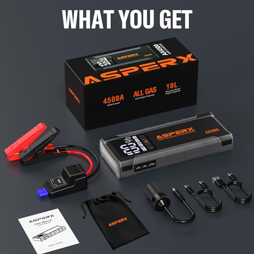 ASPERX Jump Starter Power Pack(Up to 10L Gas/8L Diesel), 3000A Car Battery Booster Jump Starter with LED Flashlight, Jump Leads and LCD Display, Jump Pack for 12V Vehicles, Pickup, SUV, Motorcycle