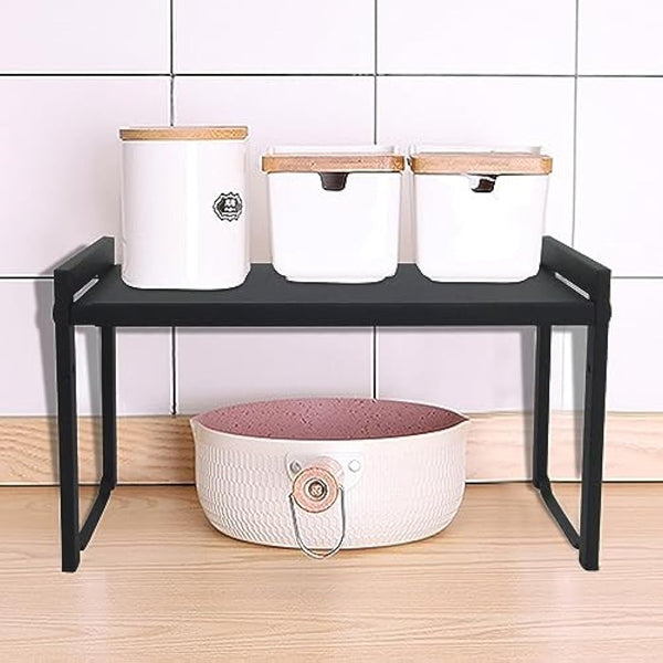 Goodsnetic Expandable Cabinet Shelf 13.8~26"(L), Stackable Kitchen Counter Organizer, 33LBS Heavy Duty Riser, Countertop Storage Pantry shelf, Durable Metal Sink Shelf (Black L)