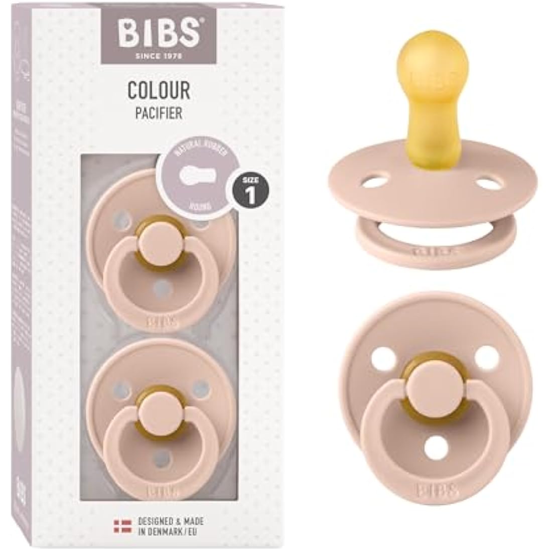 BIBS Colour Soother 2-Pack, BPA Free Dummy Pacifier, Round Nipple. Natural Rubber Latex, Size 1 (0-6 Months), Blush/Blush