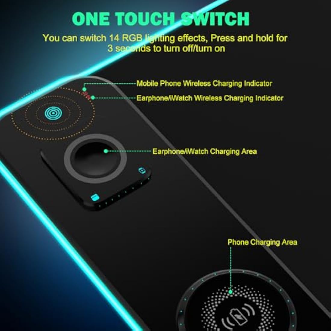 GIM Wireless Charging RGB Gaming Mouse Pad 15W, LED Mouse Mat 800x300x4MM, 10 Light Modes Extra Large Mousepad Non-Slip Rubber Base Computer Keyboard Mat for Gaming (Double Magnetic-Black)