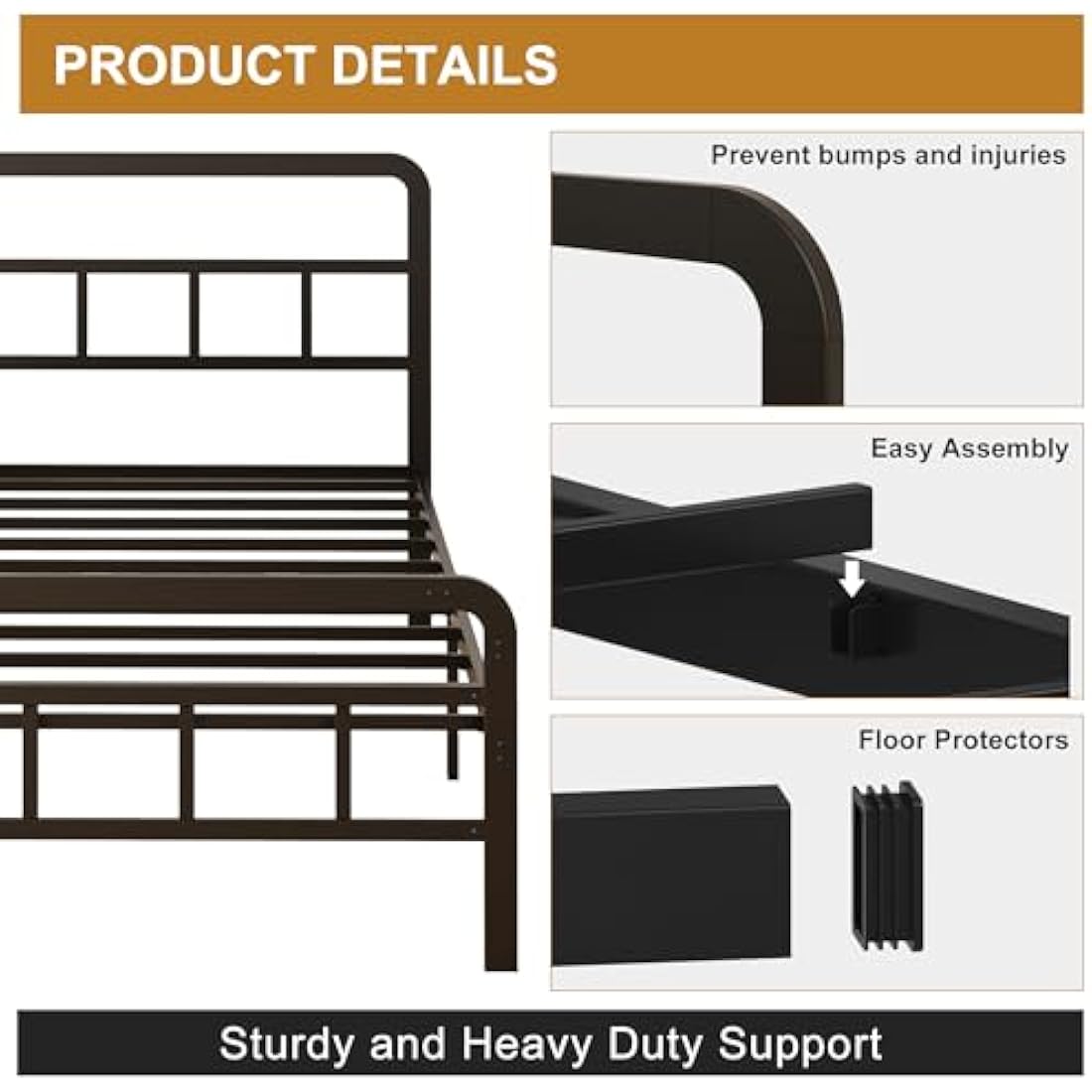 Yicensen Small Double Bed Frame with Headboard and Footboard 120x190 cm, Black Small Double Platform Bed with Heavy Metal Slats for Stable Support, No Box Spring Needed, Noise Free, Easy Assembly
