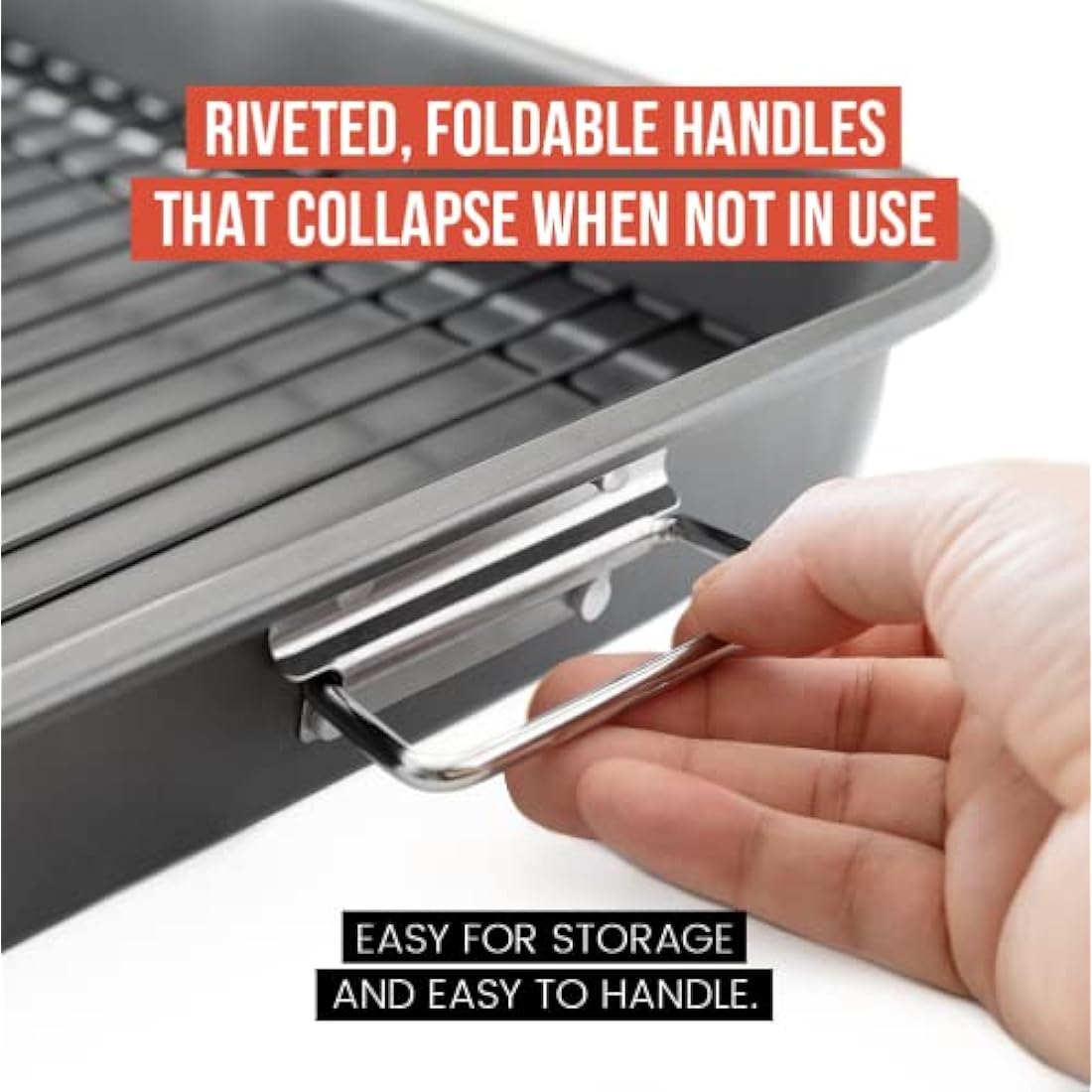 Chef Pomodoro Nonstick Carbon Steel Roasting Pan Roaster with Flat Rack, 16 x 11-Inch (41cm x 28 cm), Large, Grey, Bakeware Rectangular Oven BBQ Baking