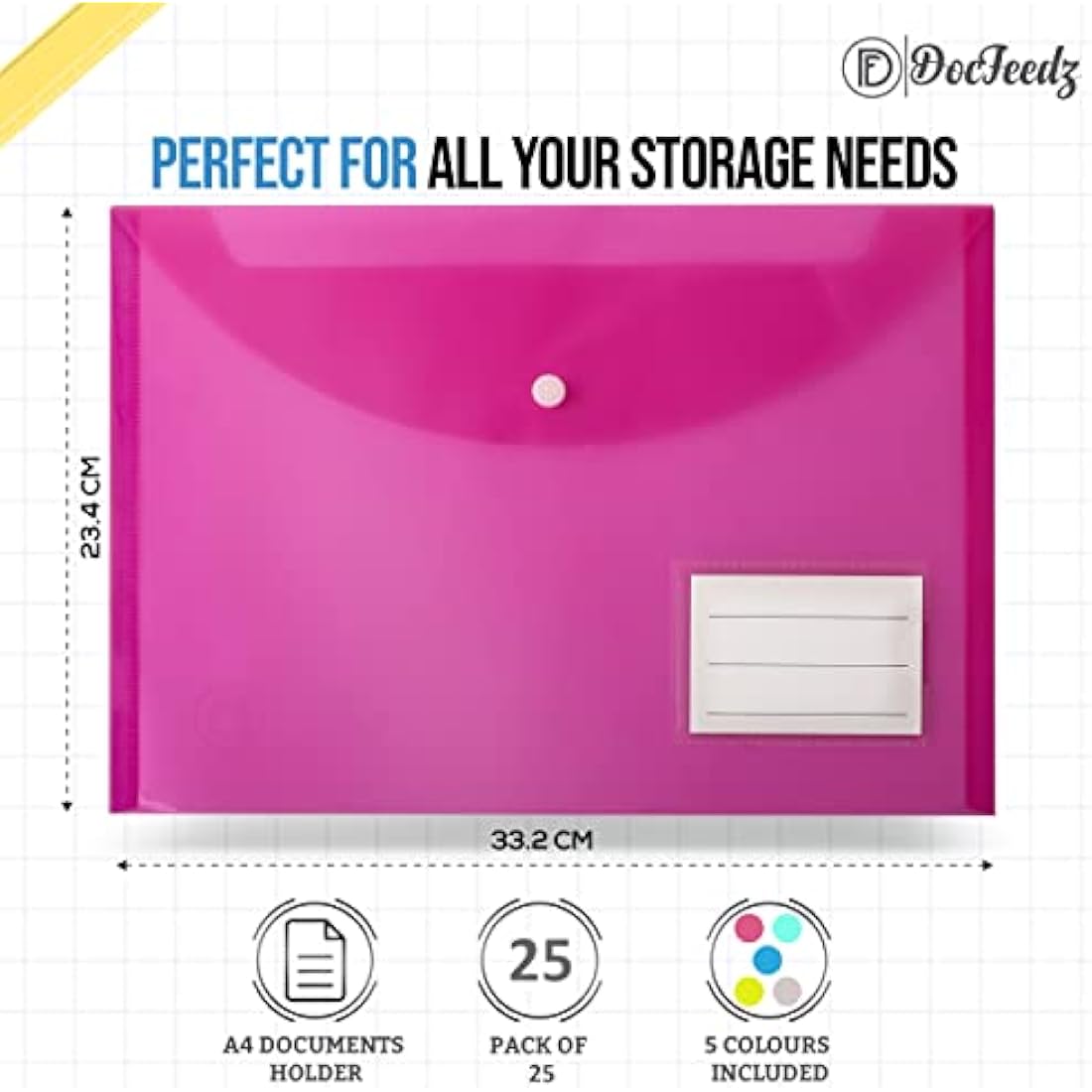 DocFeedz Plastic Wallets A4 - Pack of 25 Waterproof Plastic Folders for Documents 33.2 x 23.4 cm - 5 Assorted Colours Popper Wallet A4 with Snap Button and Label for Home, Office, School and Travel