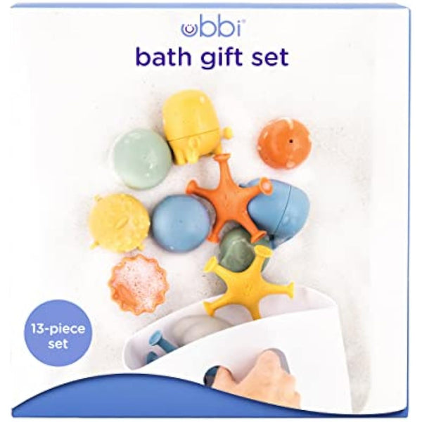 Ubbi Bath Time Essential Gift Set, Includes Drying Bin and 12 Water Toys for Toddler Bath Time Play, Baby Bath Accessory, Muted Blue