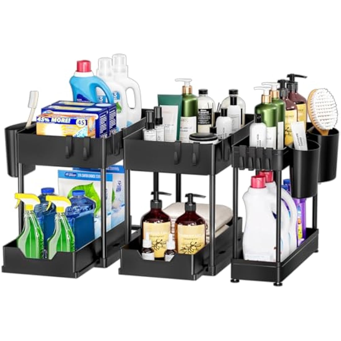 Puricon 3 Pack Under Sink Storage Kitchen Organiser, Pull Out Under Sink Organiser Kitchen, 2 Tier Sliding Under Sink Storage Drawer Under Sink Shelf -Black