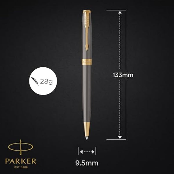 PARKER Sonnet Ballpoint Pen | Grey Lacquer with Gold Trims | Medium Point | Black Ink Refill | Gift Box | Perfect Graduation Gifts
