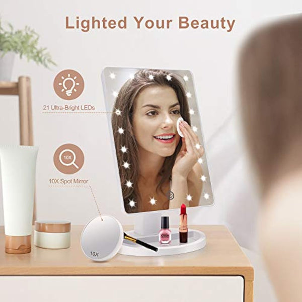 FASCINATE Makeup Vanity Mirror with Lights and Detachable 10X Magnification, 21 Led Lights Adjustable Dimming Touch Sensor, Dual Power Supply, 180° Rotation, Portable Cosmetic Mirror(White)