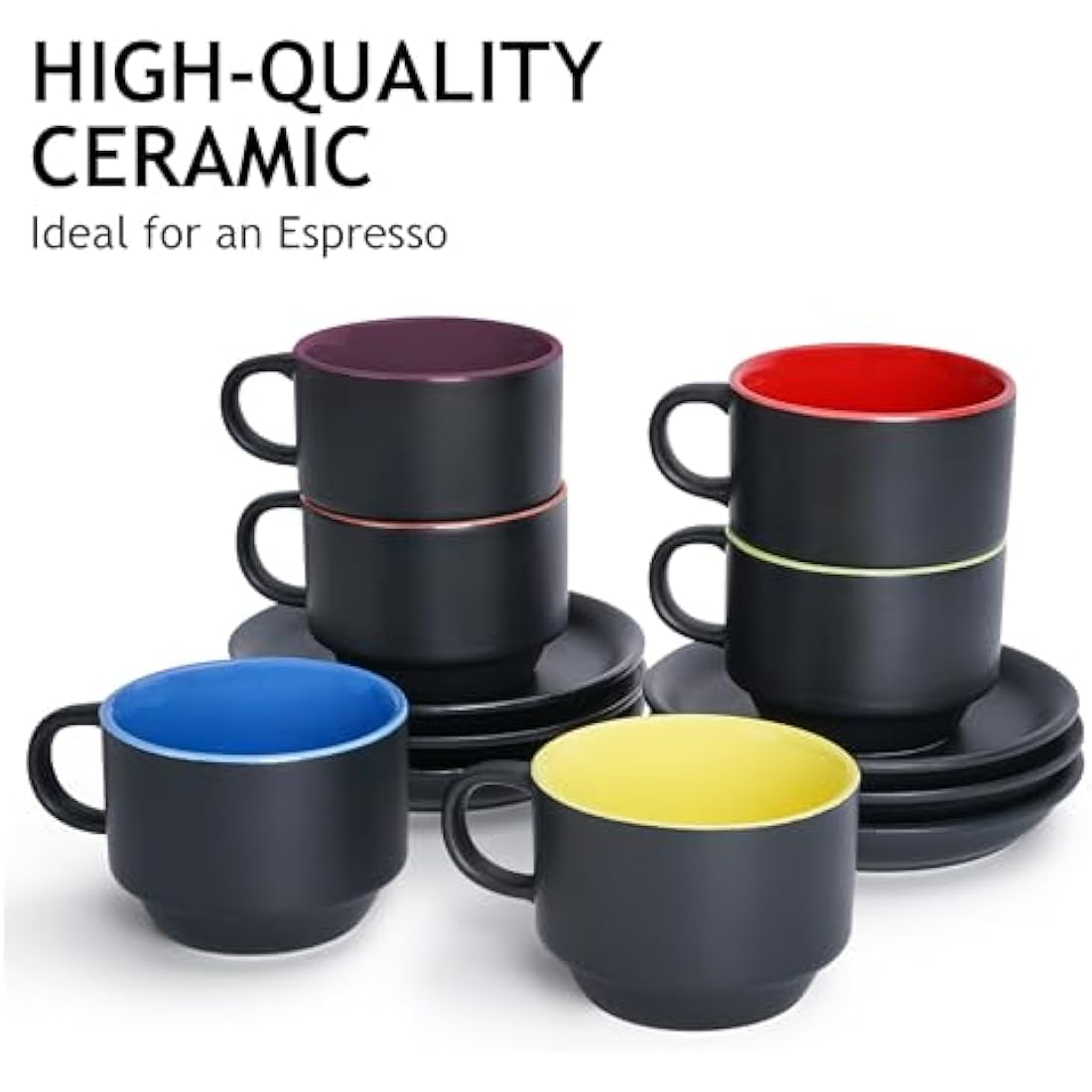 MIAMIO - 75 ml Espresso Cup Set with Saucers Coffee Mug Set of 6 - Ceramic Coffee Mug Stackable Espresso Mug with Stand for Coffee Drinks, Latte, Cafe Mocha - Le Papillon Collection (Mixed)