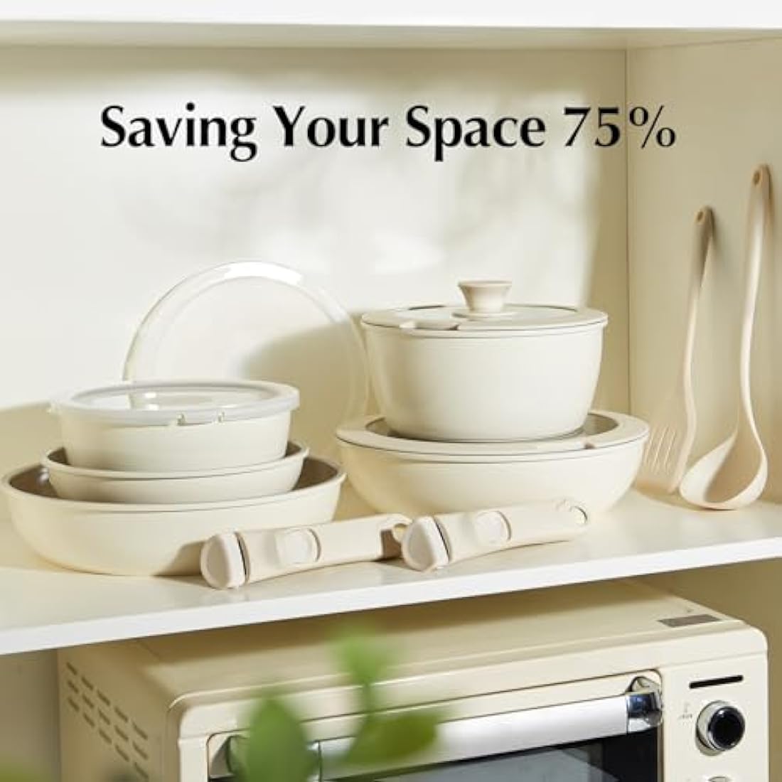 Redchef 16pcs Ceramic Pots and Pans Set Non Stick, Nonstick Kitchen Cookware Set with Detachable Handle, PFAS PFOA & PTFE Free, RV Ceramic Cookware Set for Camping, Oven Safe（Beige White