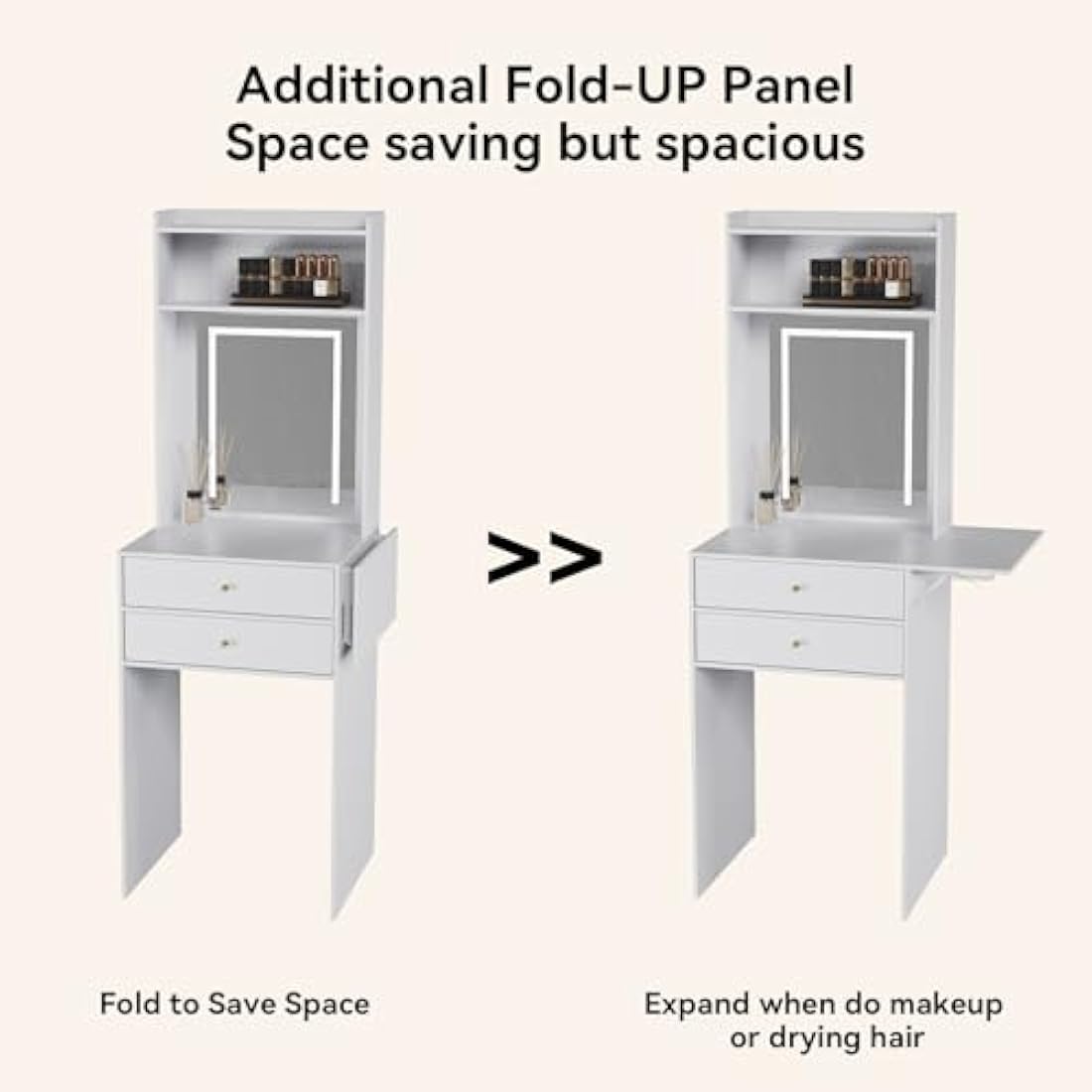 YOURLITE Dressing Table with LED Lights, Vanity Table with Adjustable Brightness Mirror, Makeup Desk with 2 Drawers and Open shelves, White Dressing Table with Fold-up Panel for Bedroom