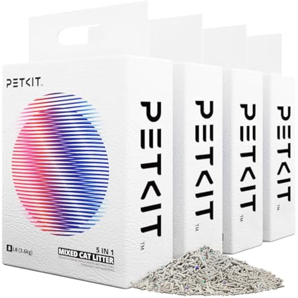 PETKIT Strong Clumping Cat Litters, 5 in 1 Mixed Cat Litter, 28 Litres Unscented Ultra Absorbent and Fast Drying Cat Litter, Flushable Odor Eliminating, Biodegradable, 4 Packs