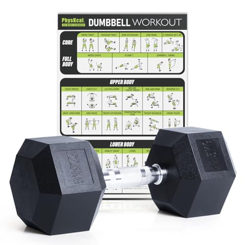 PhysKcal Hex Dumbbells 22.5kg Single, Odourless Poly Rubber Encased Dumbbells Set 2.5KG 5KG 7.5KG 10KG 12.5KG 15KG 20KG Home Gym Weights Set