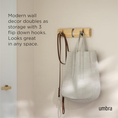 Umbra Flip 3-Hook Wall Mounted Coat Rack, Modern, Sleek, Space-Saving Coat Hanger with 3 Retractable Hooks to Hang Coats, Scarfs, Purses and More, Natural