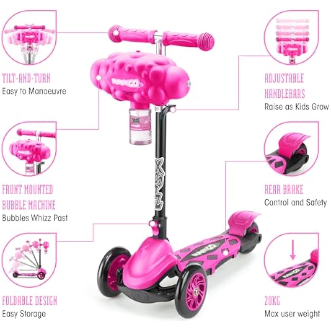 Xootz Kids Bubble Go Foldable Scooter, 3 Wheel Tri-Scooter with Bubble Machine, Tilt-and-Turn, Age 3+, Pink