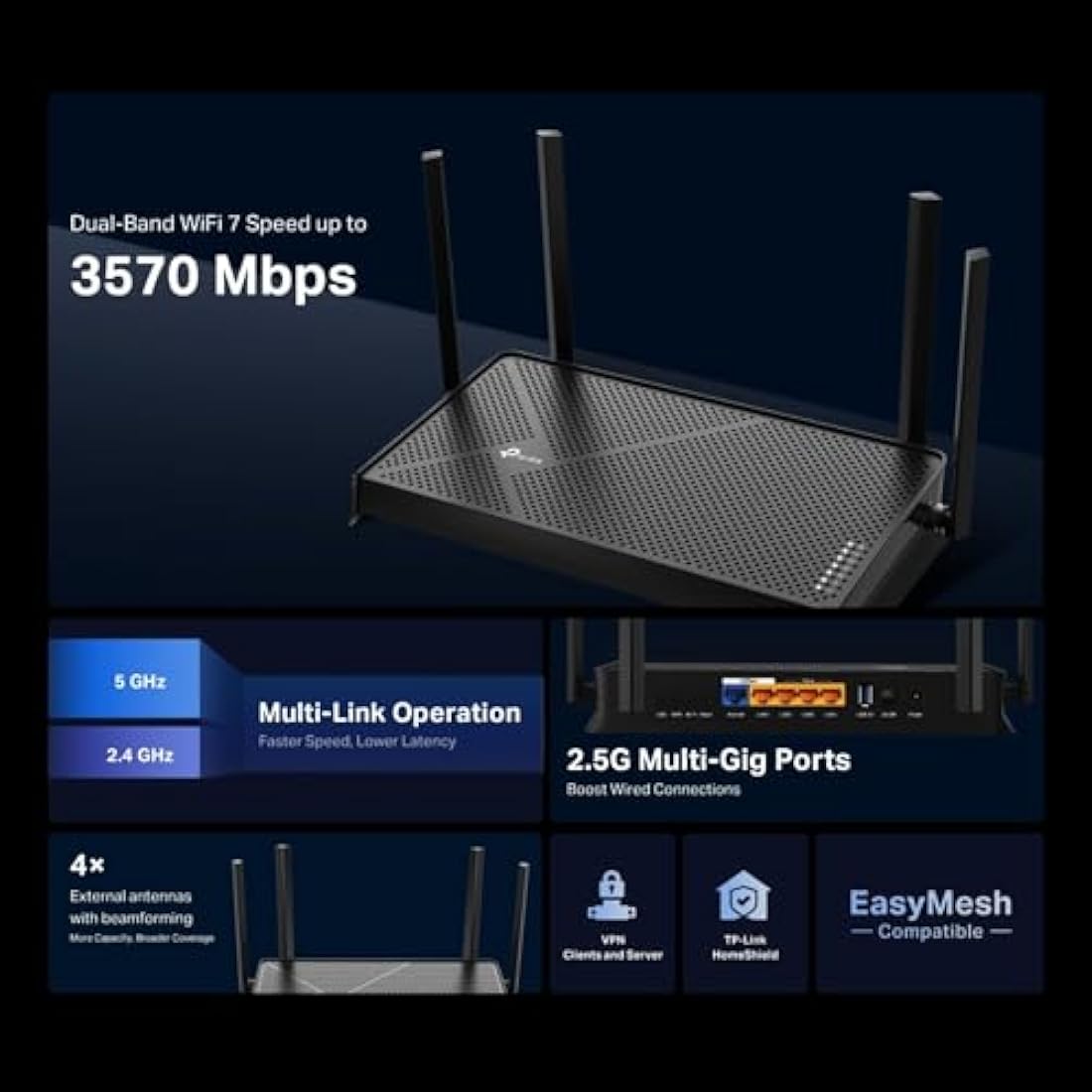TP-Link Archer BE230 Dual-Band WiFi 7 Router, 3600Mbps Lightning-Fast Speeds, 2x 2.5G WAN/LAN and 3x 1Gbps LAN Ports, USB 3.0 Port, VPN WiFi Router, HomeShield Security, Easy Setup, EasyMesh