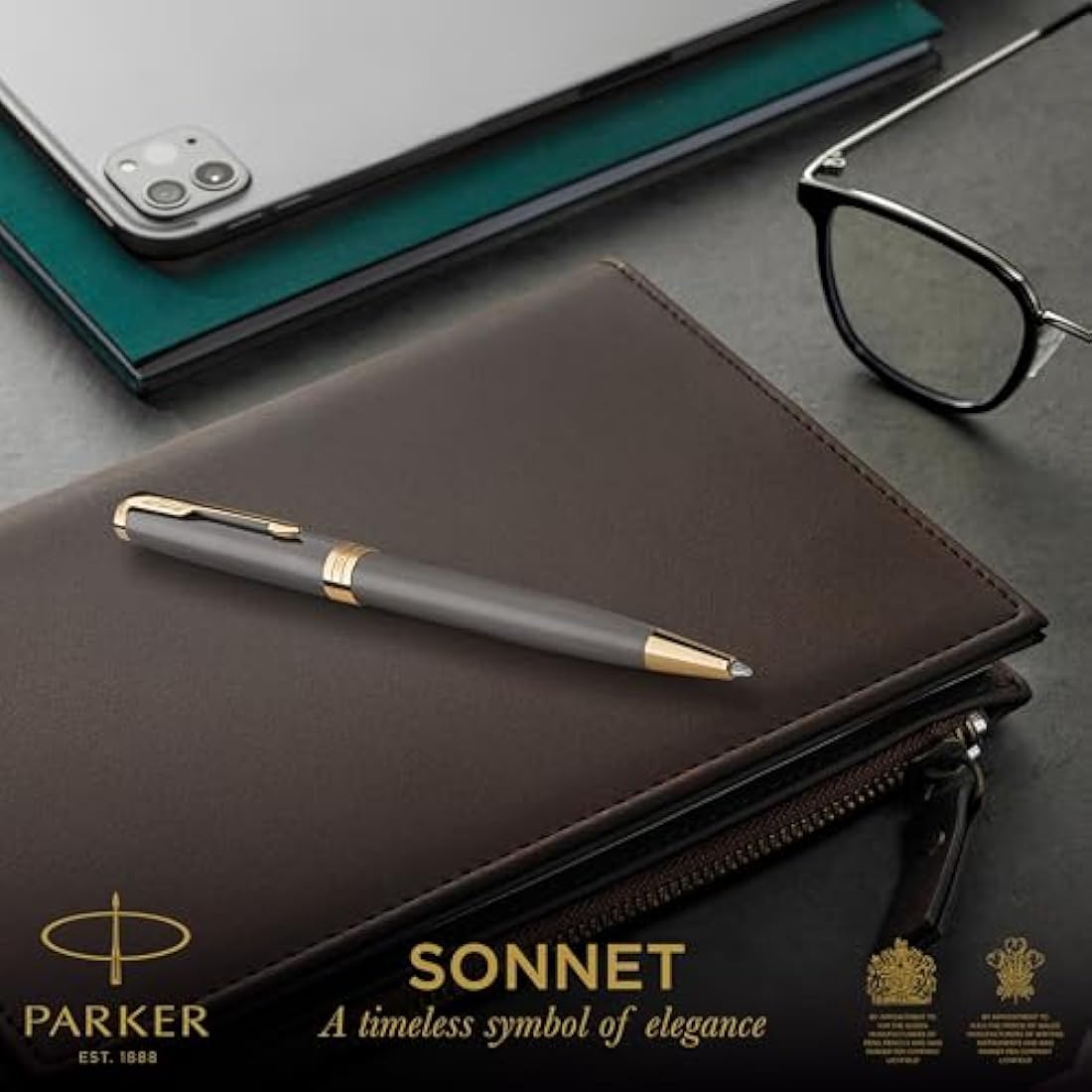 PARKER Sonnet Ballpoint Pen | Grey Lacquer with Gold Trims | Medium Point | Black Ink Refill | Gift Box | Perfect Graduation Gifts