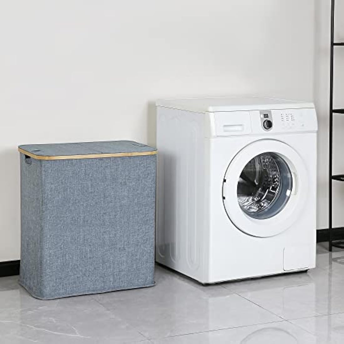 Efluky 140L Large Divided Wash Basket with Lid, 2 Section, Blue-grey