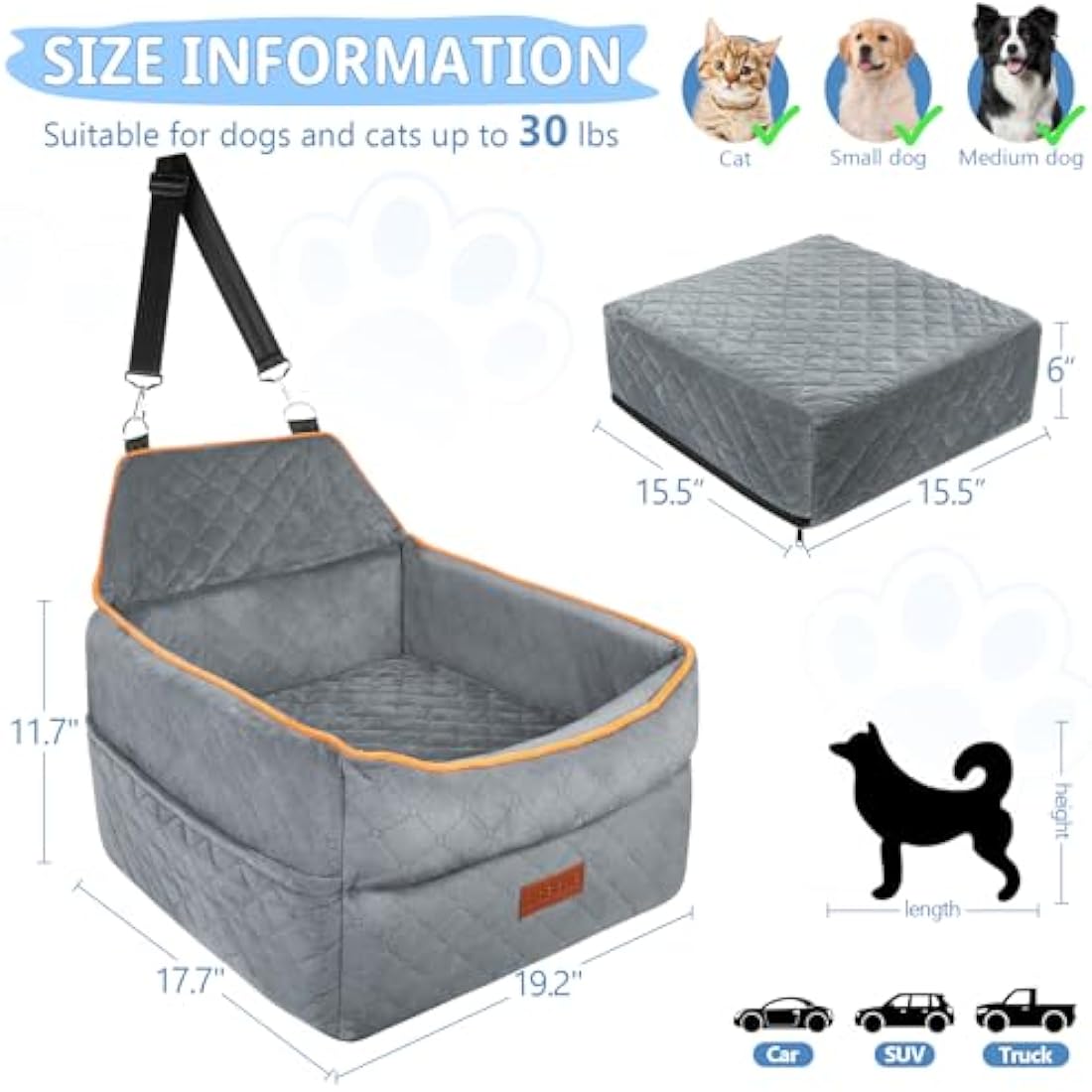 GL GLENSLAVE Dog Car Seat for Small Medium Dogs, Memory Foam Dog Booster Car Seat for Dogs 0-15 kg, Anti-Slip Pet Car Seat with 2 Adjustable Leashes, Elevated Dog Car Travel Bed with Storage Pockets