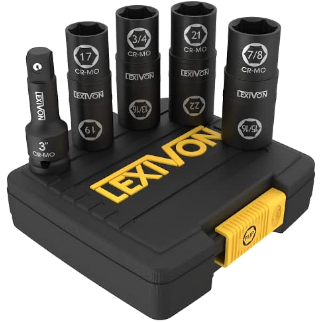LEXIVON Lug Nut Impact Socket Set, 1/2-Inch Drive | Innovative 8-in-4 Flip Socket Design, Covers Most Commonly Used Inch & Metric Wheel Nuts | Cr-Mo Steel = Full Impact Grade (LX-110)