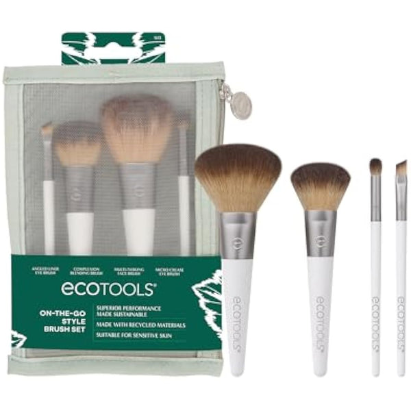 EcoTools On-The-Go Makeup Brush Kit, Travel-Friendly Brush Set, Mini-Size Makeup Tools for Powders, Blush, Bronzer, & Eyeshadows, Eco-Friendly, Synthetic Bristles, Cruelty-Free & Vegan, 5 Piece Set