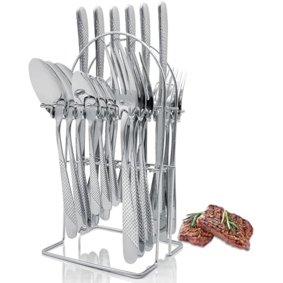 Cutlery Set with Stand, 24 Piece Gold Silverware Set Cutlery Set, Stainless Steel Flatware Set for 6 Person, Mirror Polished Tableware Set with Holder for Home Kitchen (Silver)