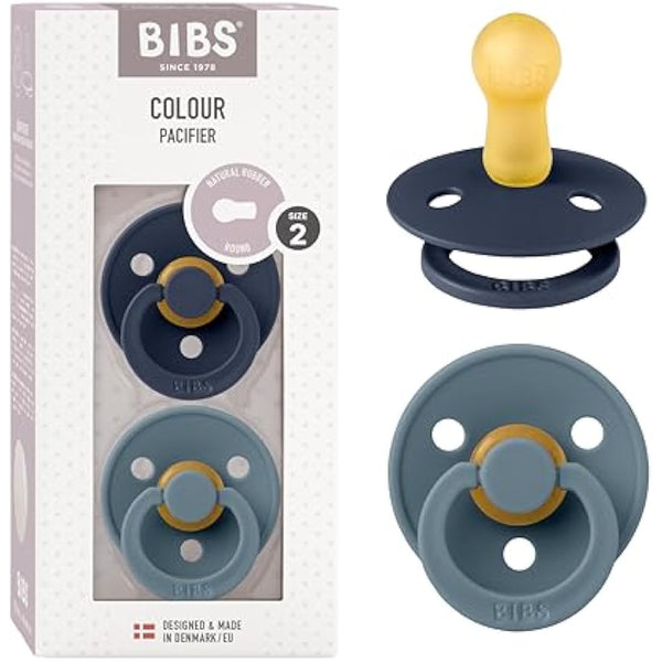 BIBS Colour Soother 2-Pack, BPA Free Dummy Pacifier, Round Nipple. Natural Rubber Latex, Size 2 (6-18 Months), Deep Space/Petrol