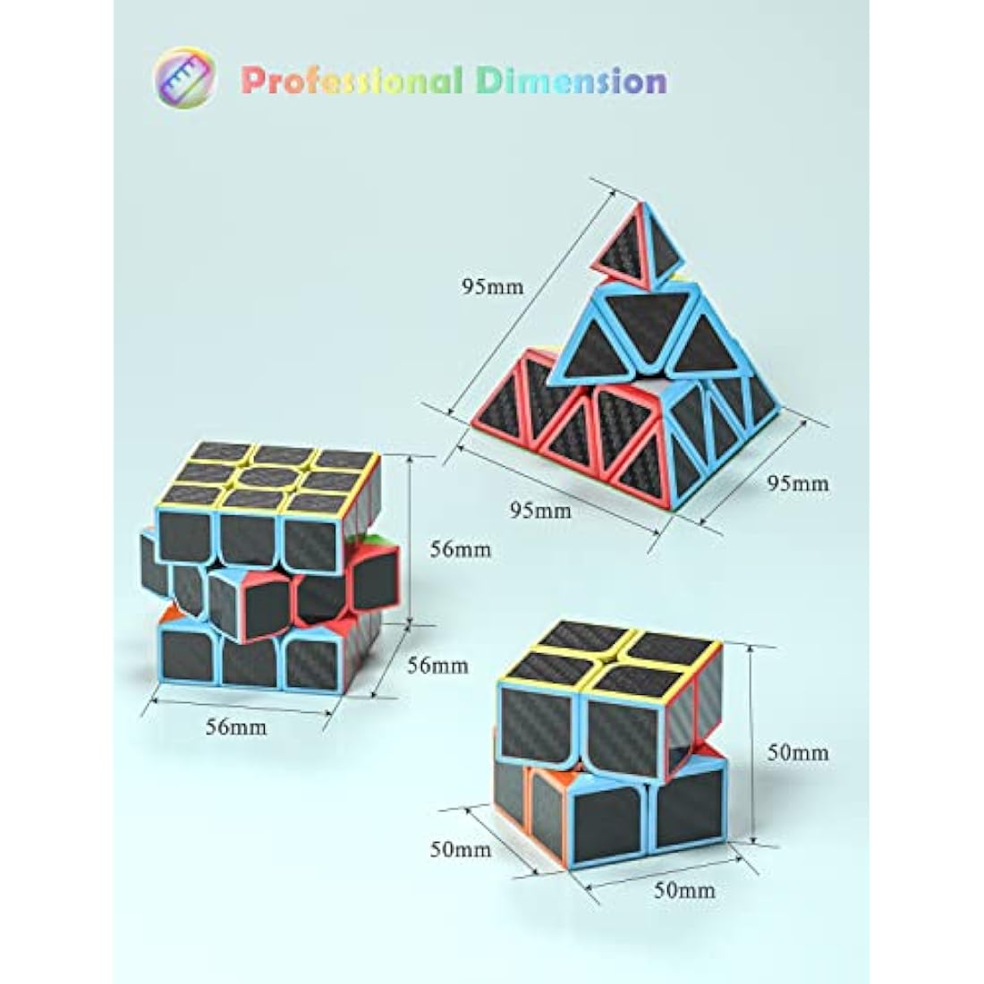 ROXENDA Speed Cube Set, 2X2 3X3 Pyramid Speed Cube Carbon Fiber Puzzle Cube with Instruction (Carbon Fiber Cube Set)