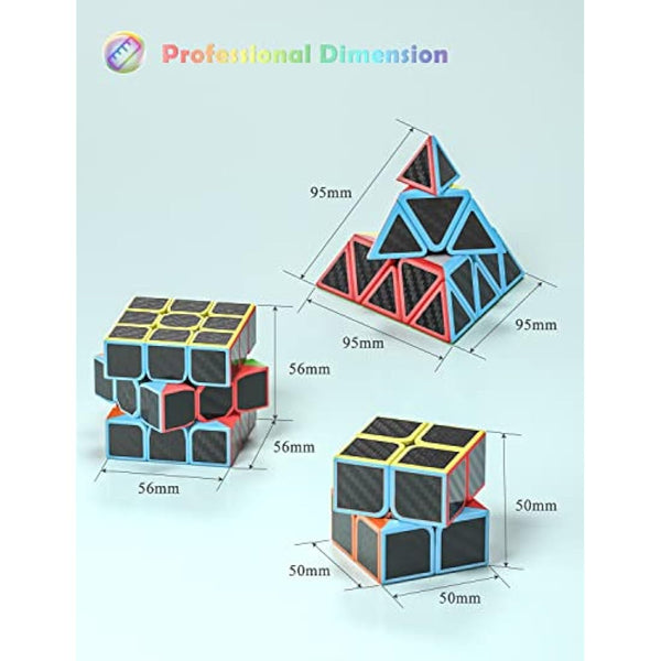 ROXENDA Speed Cube Set, 2X2 3X3 Pyramid Speed Cube Carbon Fiber Puzzle Cube with Instruction (Carbon Fiber Cube Set)
