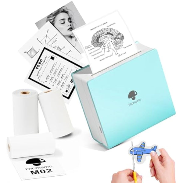 Phomemo Green M02 Mini Printer with 3 Label Rolls, Pocket Printer for iOS and Android Smartphone, Bluetooth Sticker, Printer, Thermal Printer