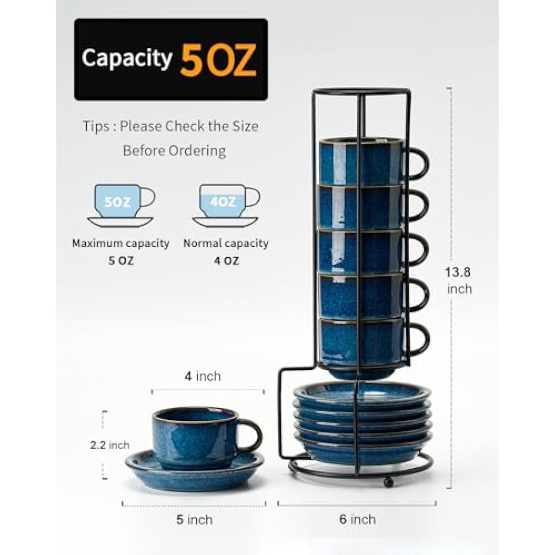 HOME DECOR Cappuccino Cups Set - Reactive Glaze Process - 6 x 140 ml Coffee Cups with Saucer & Stand - Elegant Ceramic Cups for Espresso, Cappuccino and Latte - Reactive Glaze Blue