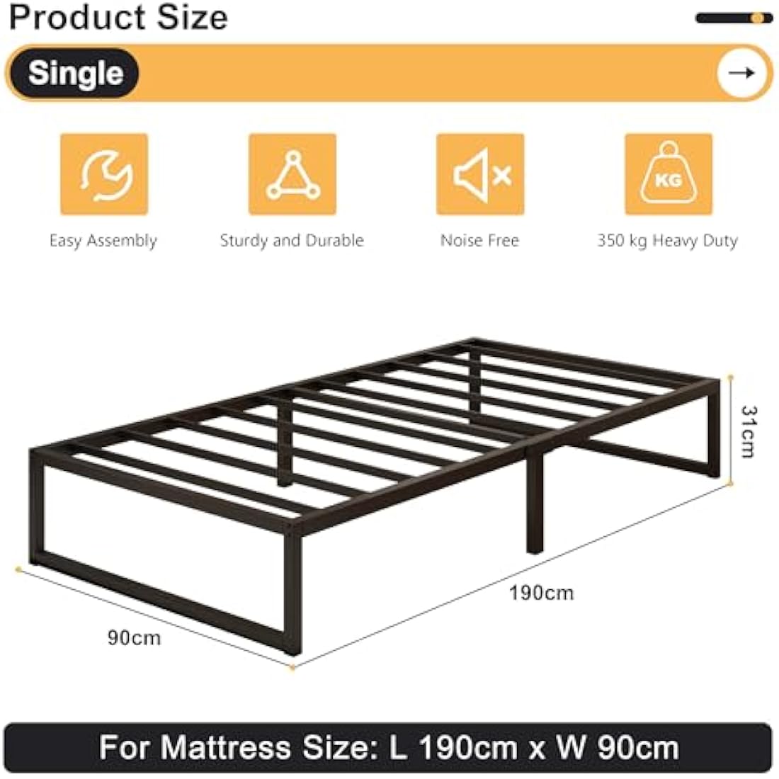 Yicensen Single Bed Frame 90x190 cm, Metal Bed Frame Single with Steel Slat Support, Easy Assembly, Noise Free, No Box Spring Needed, 30cm High, Black