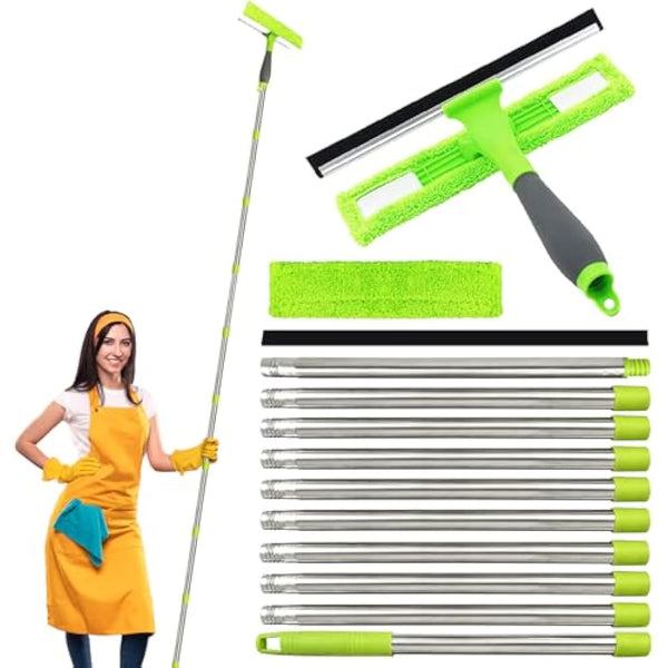3.6 Meters Window Cleaning Kit Extra Long 2in1 Cleaner Equipment, Professional Window Squeegee Glass Cleaning Tool with Spare Microfiber Cloth Squeegee Strips, Screw-on Type