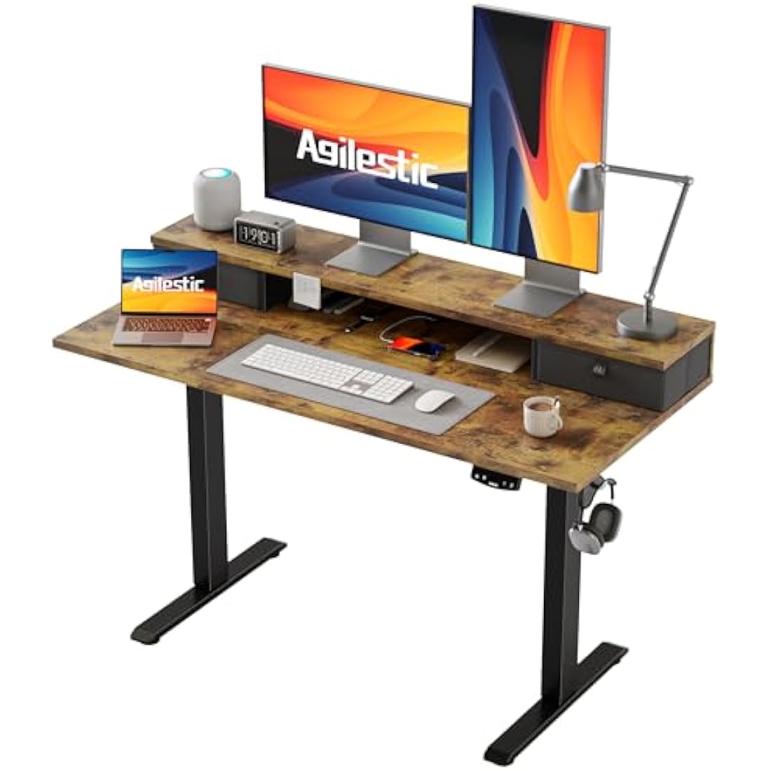 Agilestic Electric Adjustable Height Desk with 2 Drawers, 120 x 60 cm, Stable Sit-Stand Desk with Memory Control, Ergonomic Computer Desk, Brown