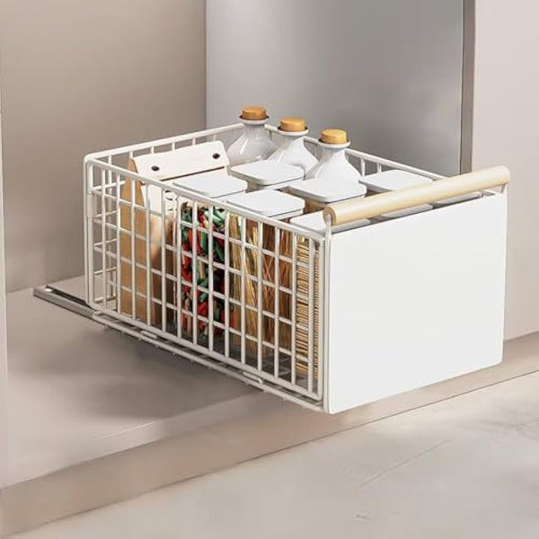 Pull Out Cabinet Organiser, pull out kitchen storage Foldable, 23.5*19.5*39.5~56.5cm, Kitchen Cupboard Organiser with Handle, No Drill Adjustable Drawers, Slide Out Drawers for Kitchen Cabinets, White