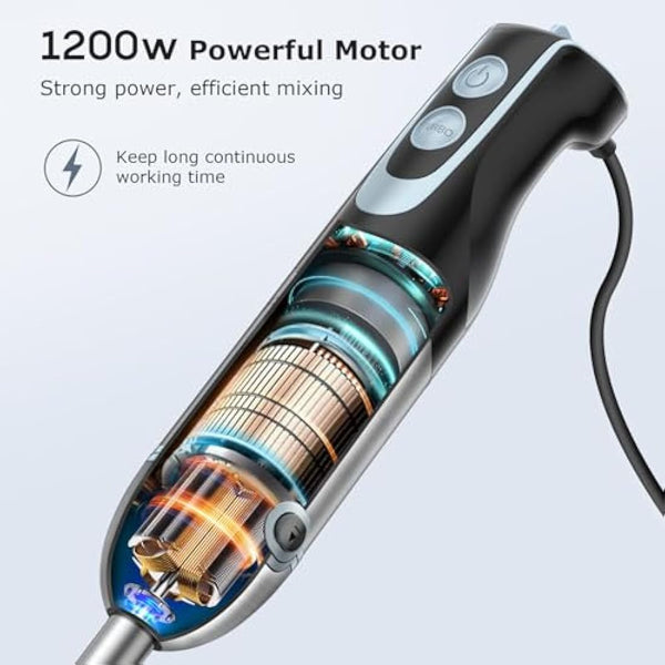 FRESKO Stainless Steel Hand Blender, 1200W Electric Stick Blender with 12 Speed and Turbo Mode, Heavy Duty Copper Motor Immersion Blender,700ml Beaker for Baby Food, Smoothies, Soup, BPA-Free