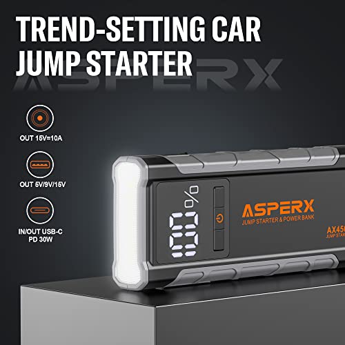 ASPERX Jump Starter Power Pack(Up to 10L Gas/8L Diesel), 3000A Car Battery Booster Jump Starter with LED Flashlight, Jump Leads and LCD Display, Jump Pack for 12V Vehicles, Pickup, SUV, Motorcycle