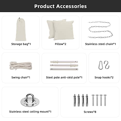 Goutime Hammock Chair Swing, 2 Seat Cushions/Pillows, Detachable Metal Support Bar, Carry Bag, Bedroom/Outdoor, 330 lbs max (Gray)