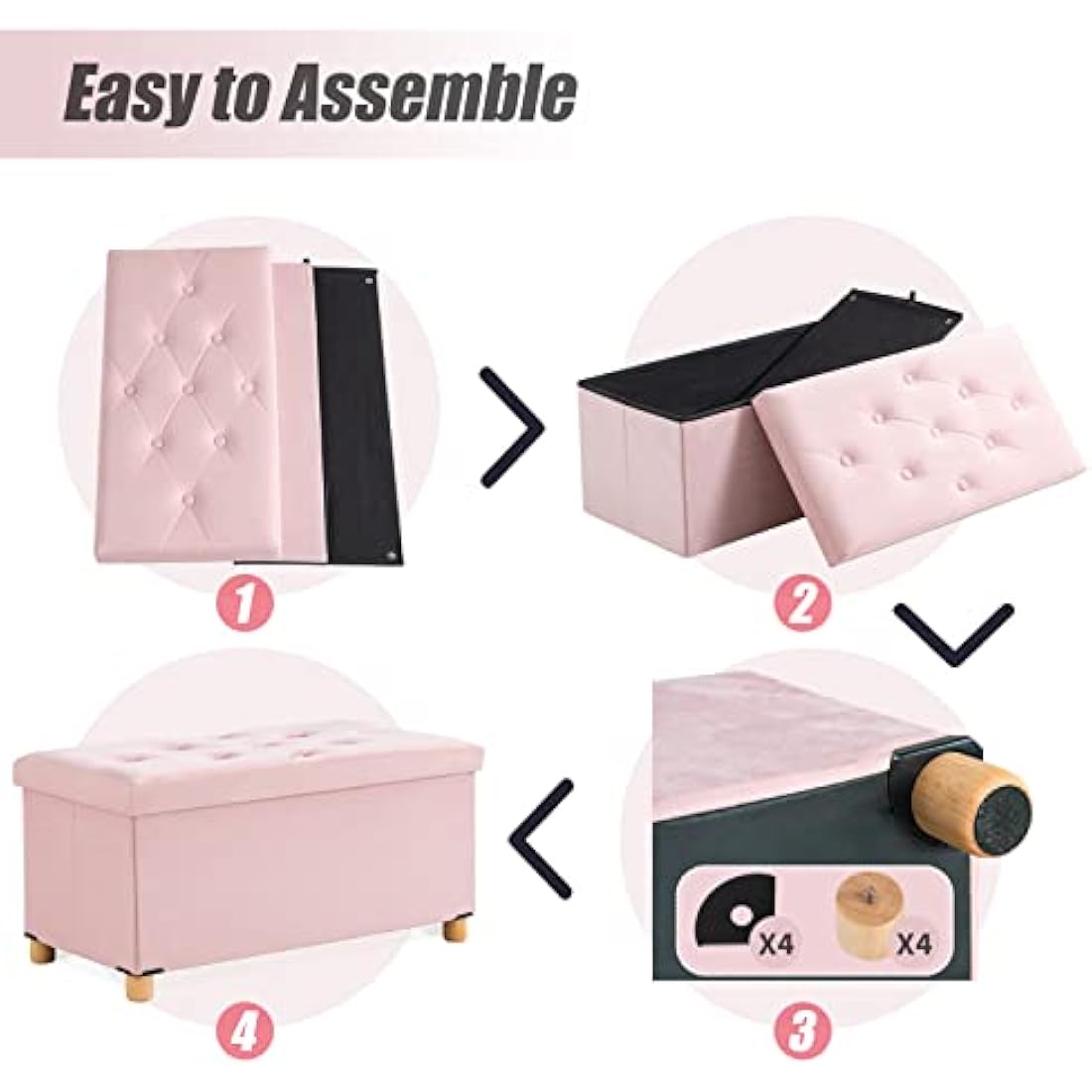BRIAN & DANY Ottoman Storage Box with 4 Wood Legs, Velvet Storage Ottoman for Living Room, Pink, 76 x 38 x 38 cm