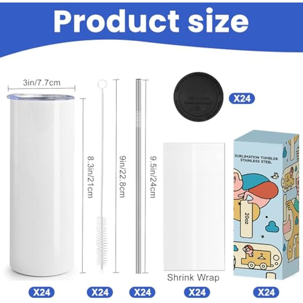 Cafultgo 20OZ Sublimation Cup, Set of 24 Sublimation Blanks Skinny Tumbler 20 OZ White Straight Bulk Stainless Steel Tumbler, with Lid and Straw, Shrink Wrap, Individually Boxed, Blank White（24PCS）