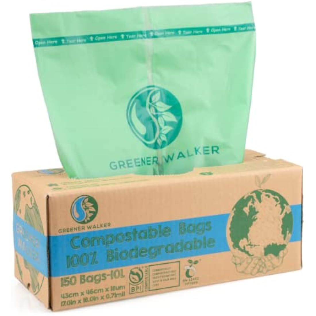 Greener Walker 10L-150Bags 100% Compostable Biodegradable Bin Liners 6L/10L/30L Food Waste Bags with EN13432 Certificate Caddy Kitchen Bin Liners