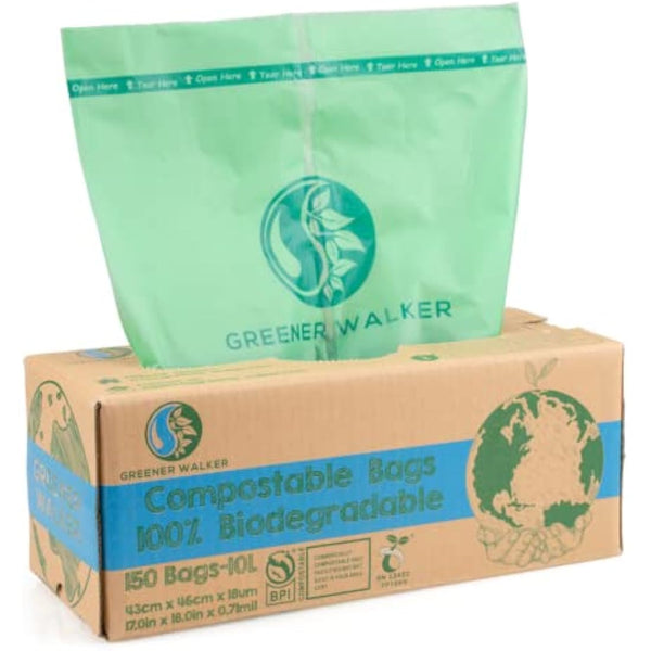 Greener Walker 10L-150Bags 100% Compostable Biodegradable Bin Liners 6L/10L/30L Food Waste Bags with EN13432 Certificate Caddy Kitchen Bin Liners