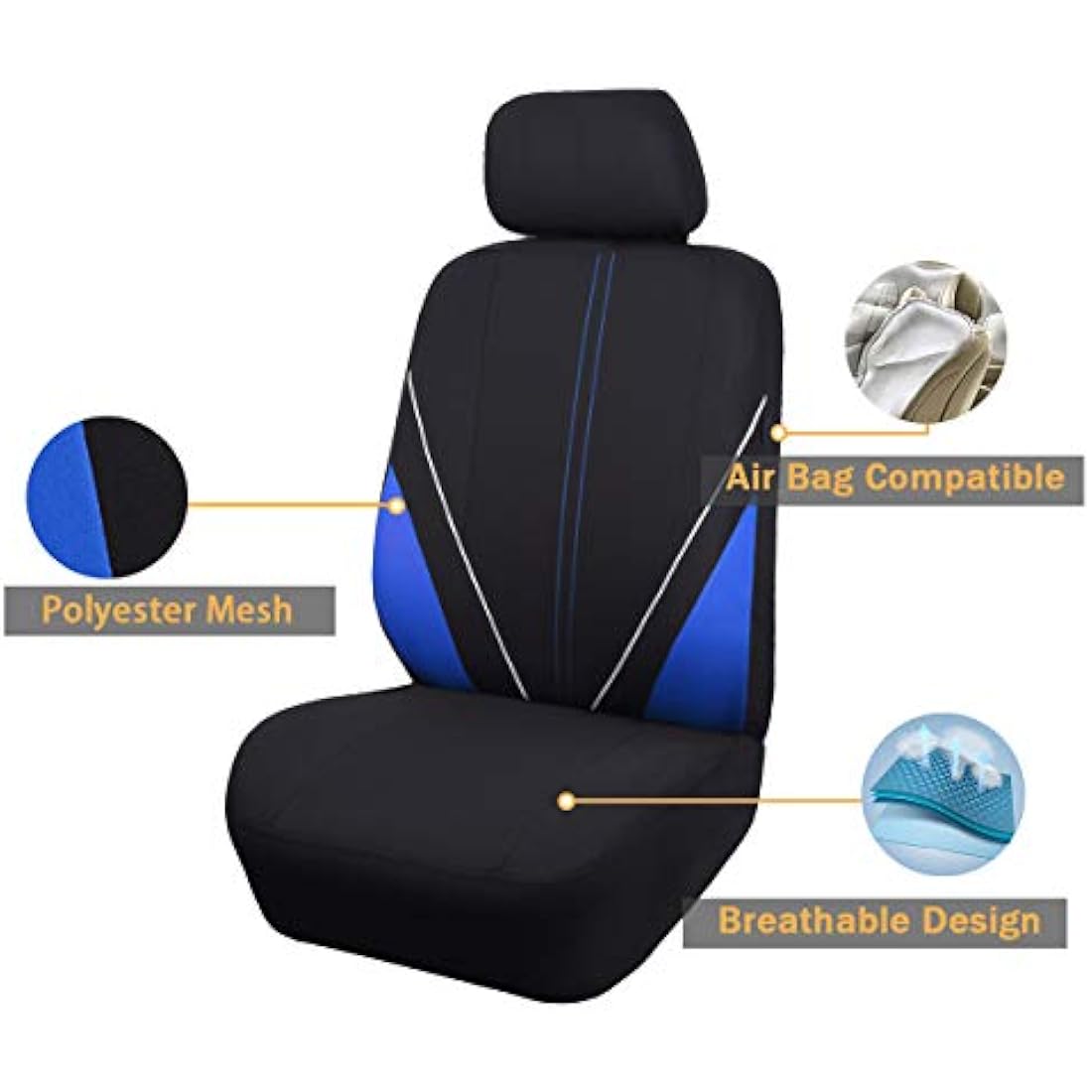 Flying Banner Universal Breathable Mesh Cloth Car Seat Covers Full Set Airbag Compatible Cushions Protector (Black and Blue)