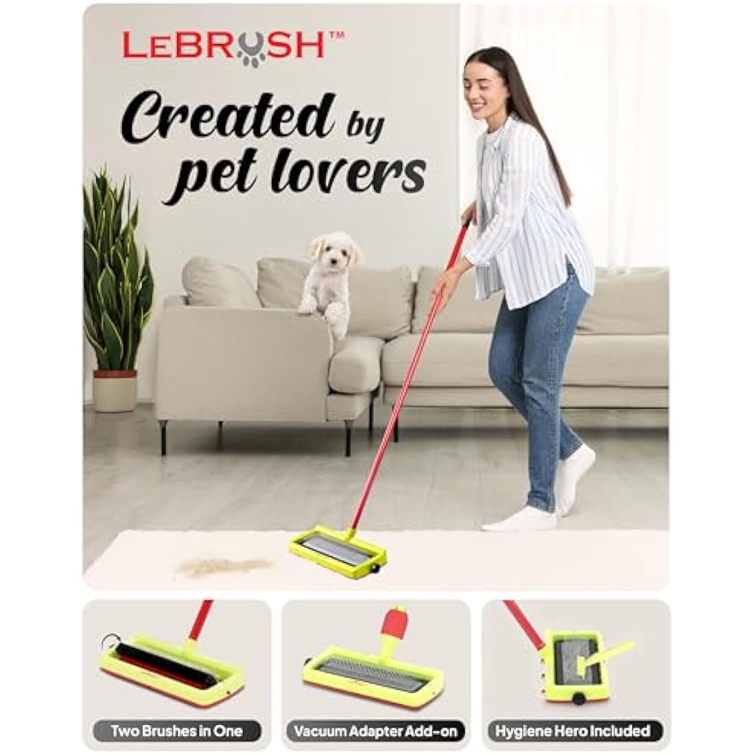 LeBRUSH 2.0 Pet Hair Broom for Carpet for Short & Long Cat, Dog Fur | Remover for Carpet & Couch, Pet Hair Rake, Dog Fur Remover