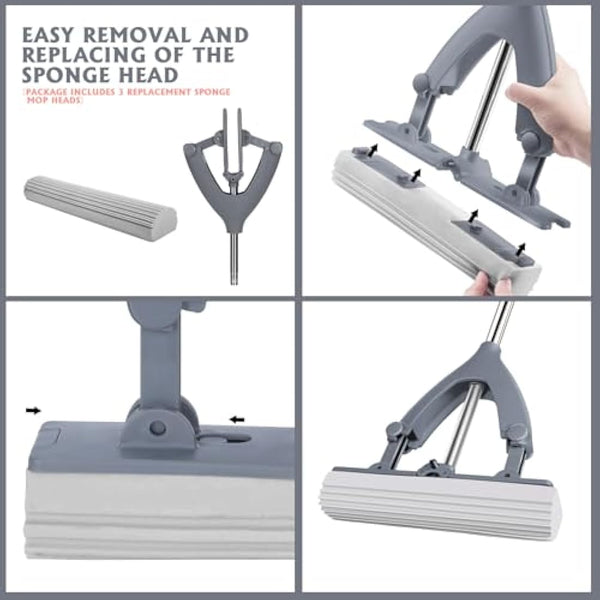 Masthome Sponge Mop and Buckets Sets, Floor Mops with 3pcs Super High Absorption Sponge Heads,Lazy Squeeze Mop Bucket with 135cm Extendable Handle for Laminate, Tile, Hardwood Floor Cleaning