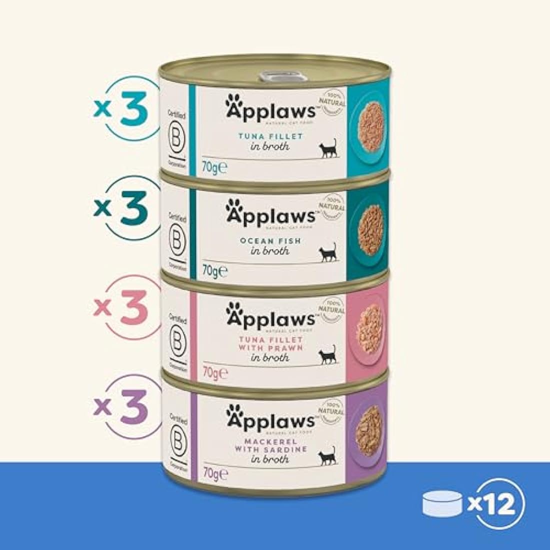 Applaws Natural Wet Cat Food, Multipack Fish Selection in Broth 70 g Tin (Pack of 12)