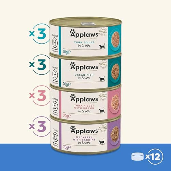 Applaws Natural Wet Cat Food, Multipack Fish Selection in Broth 70 g Tin (Pack of 12)