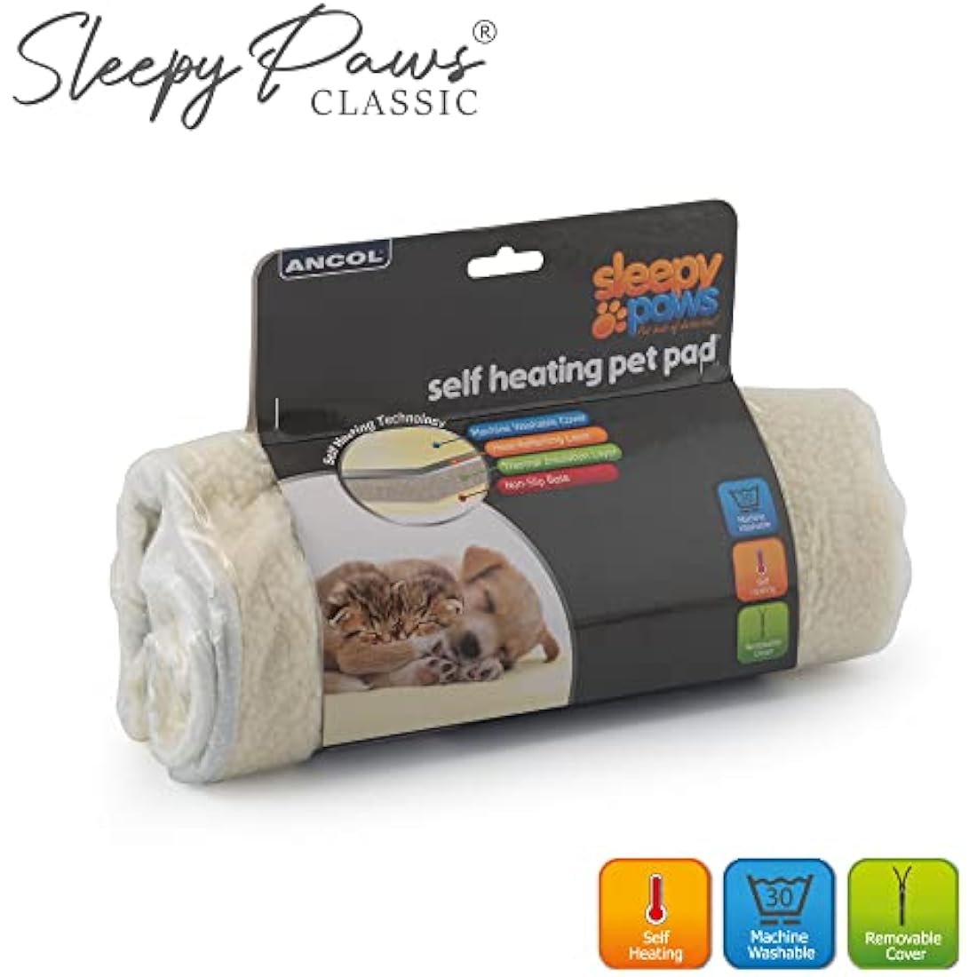 Ancol Self Heating Pet Pad Cream Fleece Cover with Thermal Structure - Removable Machine Washable for Cats and Dogs - 48cm x 38cm / Small