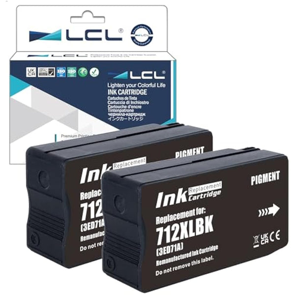 LCL 712 712XL Black high capacity 80-ml Ink Cartridge Replacement for HP 712 3ED71A 3ED70A DesignJet T650 T630 T250 T230 T210 & Studio Large Format Plotter Printers (2-Pack)
